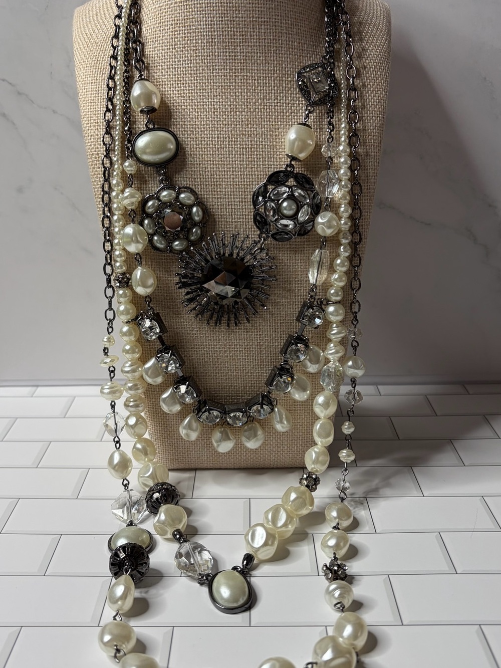 Chico’s Elegant Pearl, stones, Multi-Strand bib style Necklace